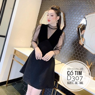 Bigsize Đầm nhung lưới cổ tim D307