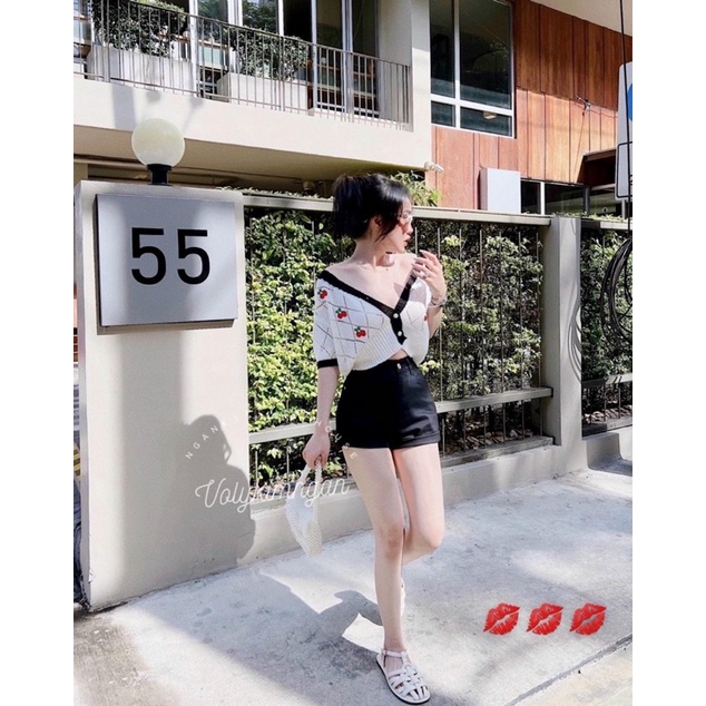 Áo len Cadigan tay cộc phối viền, hoạ tiết quả cherry bao xinh, dáng len ngắn lỡ
