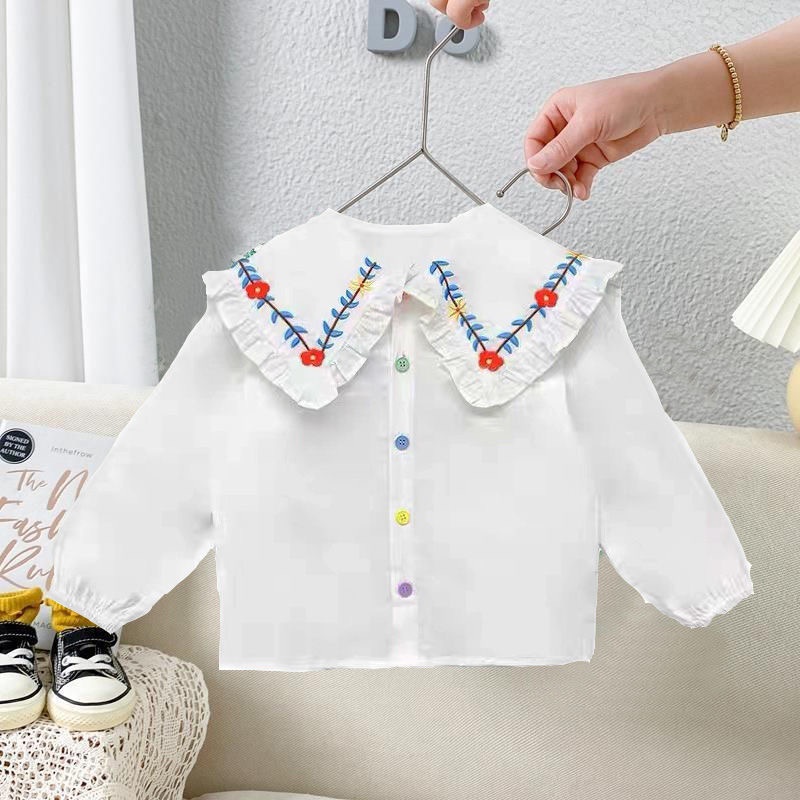 Áo sơ mi trắng dài tay rộng cổ thêu hoa cho bé gái  N01131