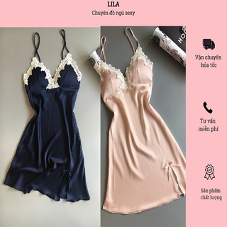 Váy- đầm ngủ, mặc ở nhà vải lụa satin cao cấp không nhăn kèm họa tiết phối ren ngực xẻ vạt 1 bên hông
