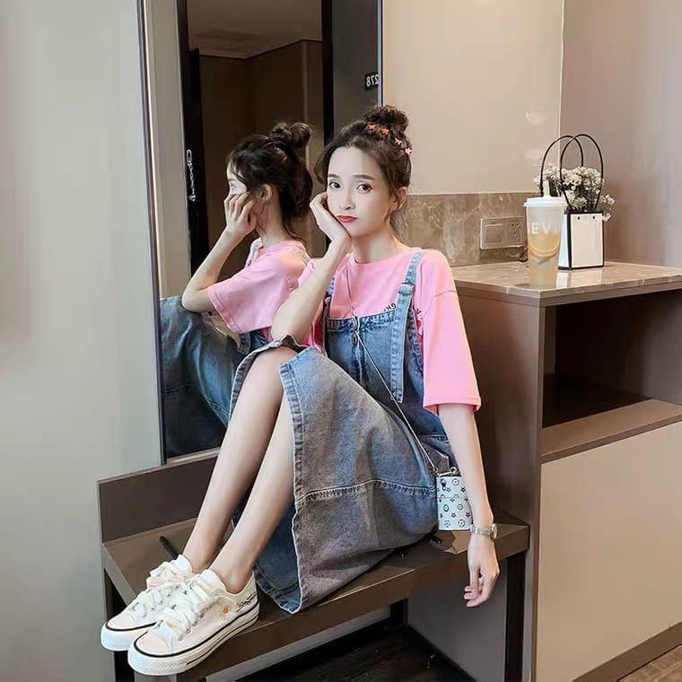 Yếm váy jeans dáng dài thời trang Ulzzang.Yếm váy khóa trước phối 2 túi cao cấp cá tính phong cách Hàn trẻ trung .