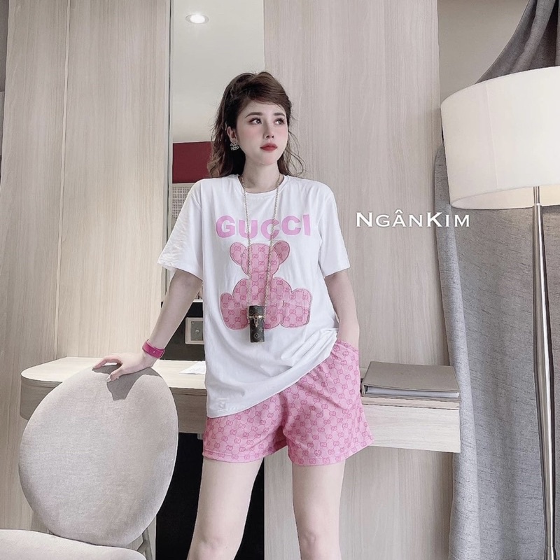 Set áo cotton thêu gấu và quần sooc đùi kaki Bộ đùi mặc ở nhà Bộ ngủ