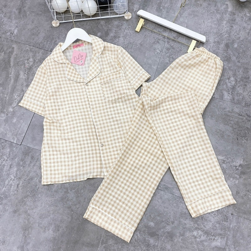 Bộ pijama hoạ tiết kẻ ô ziczac chất đũi xốp áo cộc quần dài mặc nhà nữ hàng thiết kế cao cấp