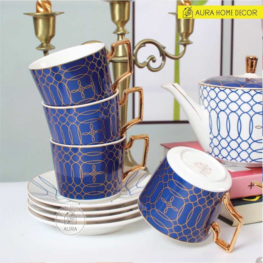 [ẢNH THẬT] Bộ ấm trà kim cương xanh 21 món Bone China dát v.àng 24K - Chất liệu cao cấp sang trọng bậc nhất