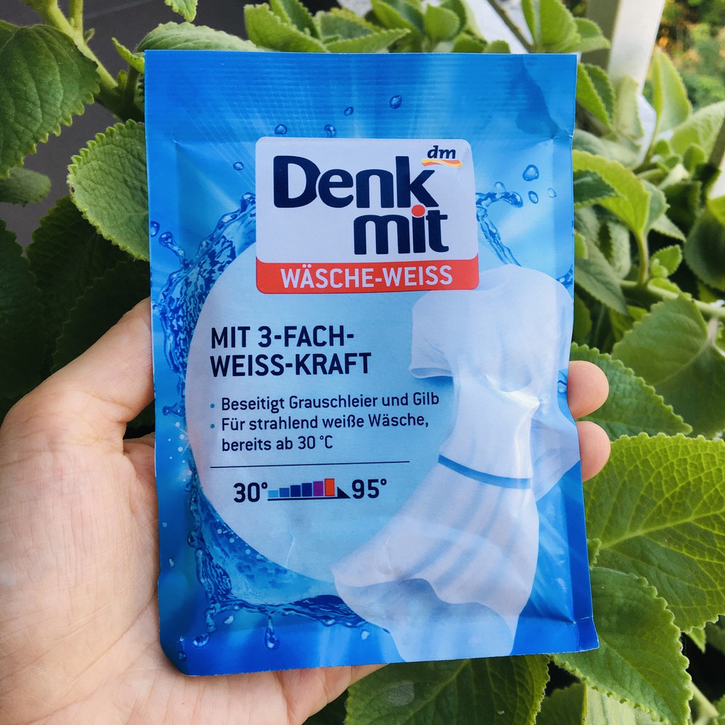 Bột Tẩy Trắng Quần Áo Denkmit Wasche Weiss, 50 g. Giúp đánh bay các vết ố vàng, sỉn màu trên quần áo trắng. Nội Địa Đức.