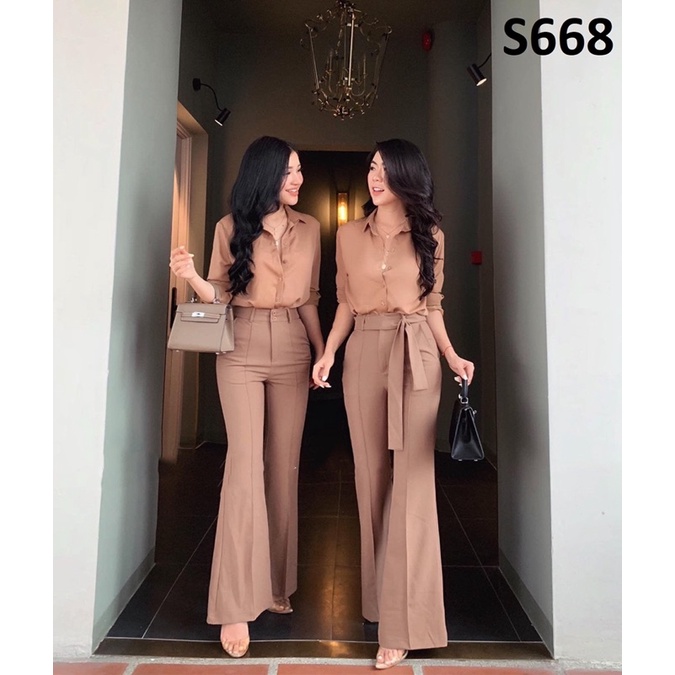 Set áo sơ mi phối quần ống loe - S668