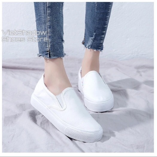 Slip on vải nữ - Giày lười vải nữ độn đế - Vải thô 2 màu (trắng) và (đen) đế trắng - Mã SP: H802