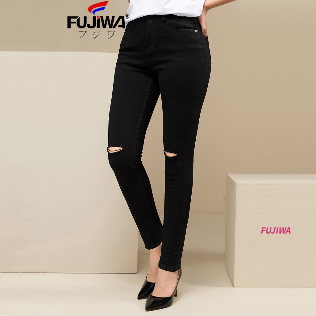 Quần Jean Nữ Rách Gối FUJIWA - QRG. Jean Có Thun Co Giãn, Ống Đứng Hơi Ôm. Size 26, 27, 28, 29, 30, 31, 32