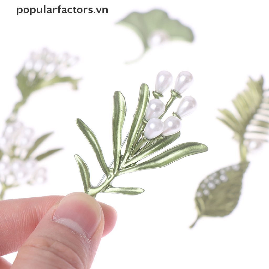 Ghim Cài Áo Hình Lá Cây Đính Ngọc Trai Màu Sắc Vintage