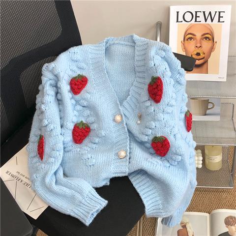 Áo Khoác Cardigan Dệt Kim Dày Dặn Họa Tiết Dâu Tây Thời Trang Thu Đông 2022 Mới Cho Nữ