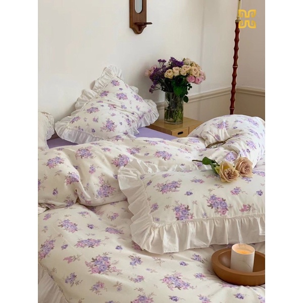 Set Chăn Ga Cotton Ren Hoa Nhí Viền Bèo Hàn Quốc ,Cotton 100% Thoáng Mát Dày Dặn (Shinbedding)