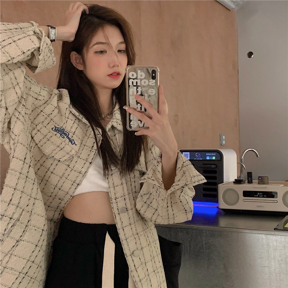 Áo khoác dáng rộng họa tiết sọc caro phong cách Hàn Quốc thời trang xuân thu dành cho nữ