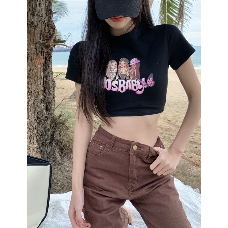 QKOOLE  Áo Thun Nữ Ngắn Tay In Chữ Kiểu Hàn Quốc