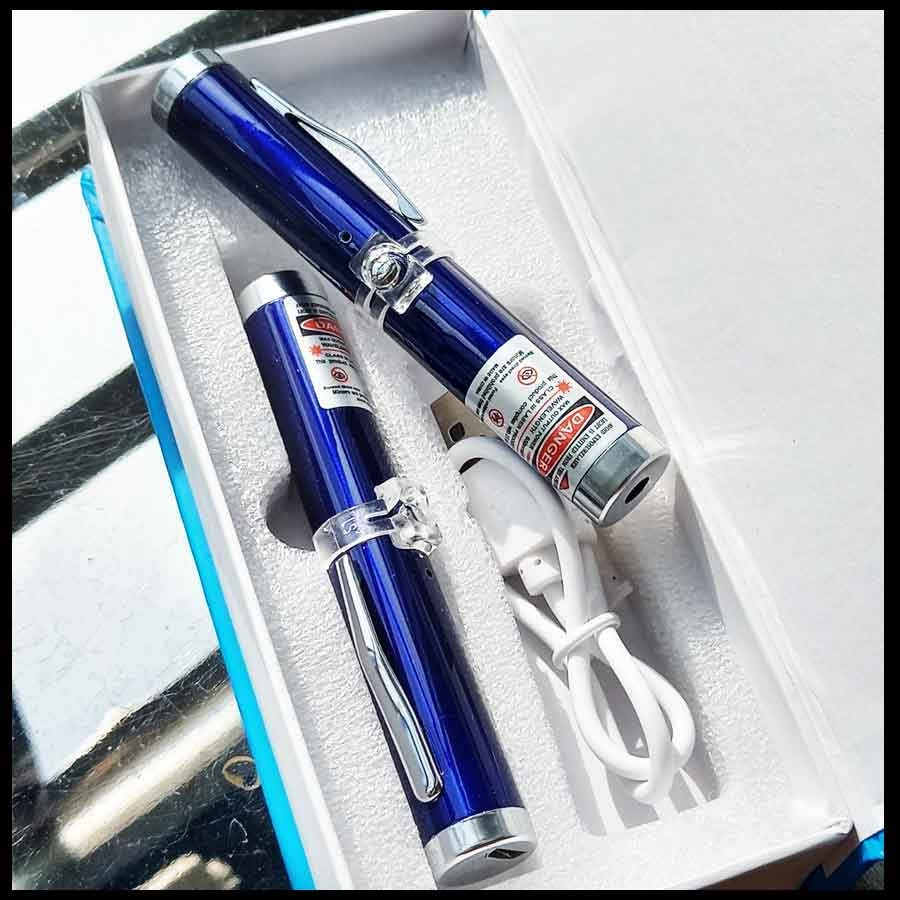 Bút Laze Laser Mini Sạc Cáp USB Tia Xanh Lá Vỏ Xanh Dương 9cm