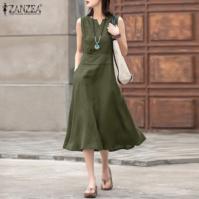 Đầm dài ZANZEA không tay cổ chữ v có khóa kéo thời trang cho nữ