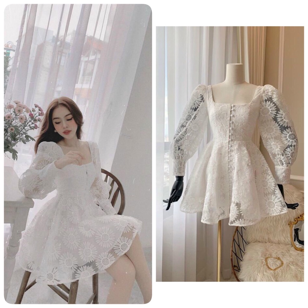 Đầm ren hoa cúc tay dài bồng phối nút bọc sang chảnh - Laven Dress