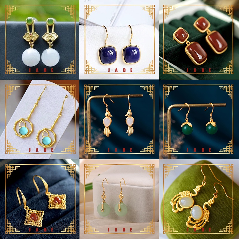 Bông Tai Mạ Vàng 18K Đính Ngọc Bích Phong Cách Trung Quốc