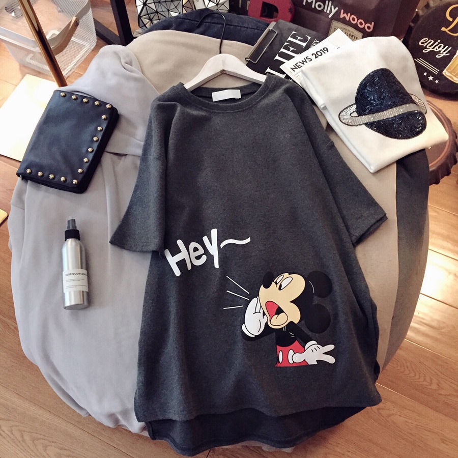 Đầm Thun Tay Ngắn Cổ Tròn Dáng Rộng In Hình Chuột Mickey Plus Size Phong Cách Harajuku Cho Nữ