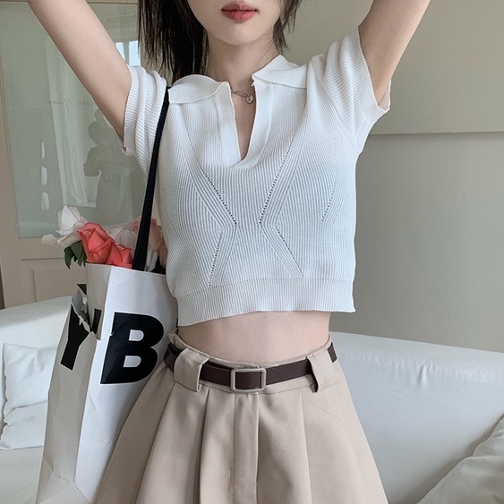 QKOOLE  Áo Croptop Dệt Kim Tay Ngắn Phong Cách Vintage Hàn Quốc