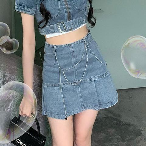 AMOI Bộ Áo Trễ Vai + Chân váy jean Lưng Cao Xếp Ly Thời Trang Cho Nữ