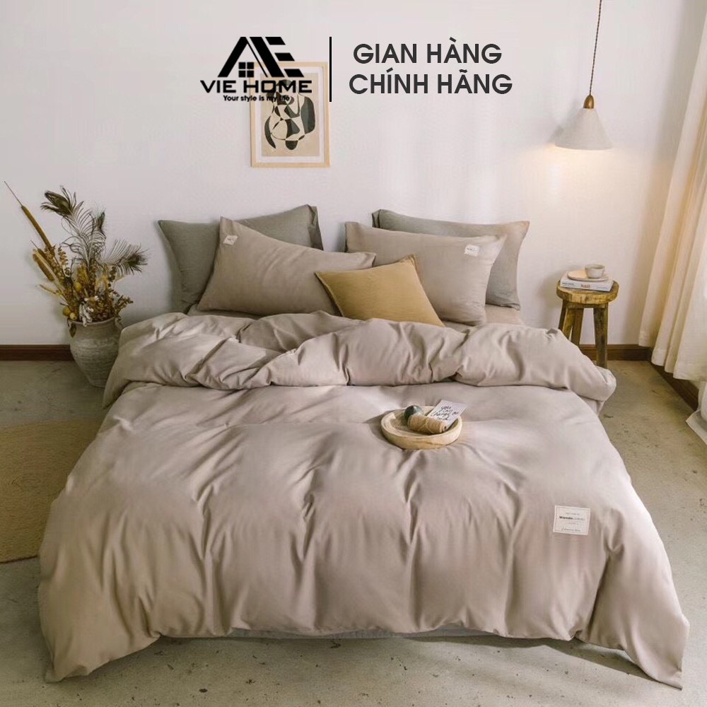 Bộ chăn ga gối cotton tici VIE HOME cotton đũi phong cách hàn quốc trơn màu đẹp