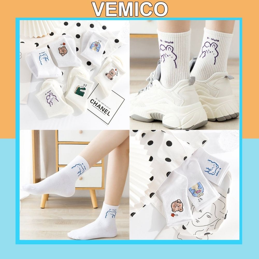 Tất cổ cao in hình ngỗ nghich xinh xắn Hàn Quốc Vemico vớ cotton co dãn thoáng khí TN141