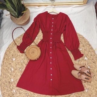 Đầm maxi đỏ bo eo vintage