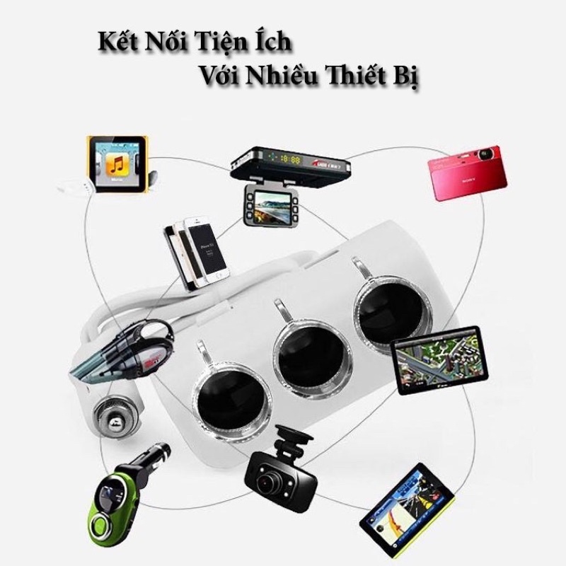 ⚡Video Thật⚡ Tẩu Sạc Ô Tô - Tẩu Sạc Nhanh Ô Tô Chia 3 Cổng Tẩu, 2 Cổng USB Có Đèn Led