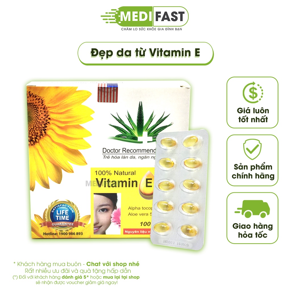 Viên uống Vitamin E 400 Giúp làm đẹp da, giảm lão hóa - Hộp 100 viên.