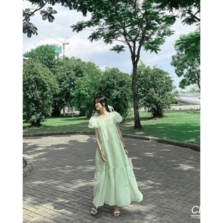 Váy midi voan tay phồng vắt eo - váy tiểu thư babydoll bánh bèo