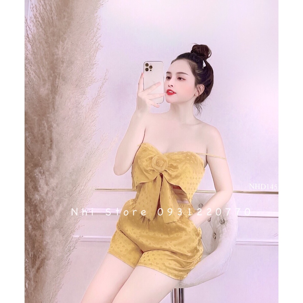 [FREESHIP 50K] Set Bộ Kiểu Nhistore Áo Croptop 2 Dây Nơ Ngực Quần Short Lưng Cao Họa Tiết Gấm Nổi Freesize Dưới 57kg