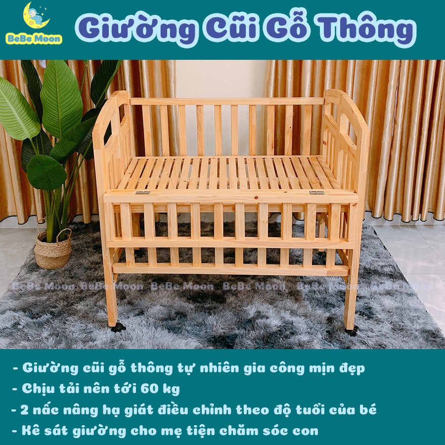 Combo 4 Cũi Gỗ Thông Màu Gỗ TN + Đệm Bông Ép + Ga Chun + Quây 4 Tấm Lót Cũi Đủ Size Đủ Màu + Tặng Bánh Xe Ga Chống Thấm