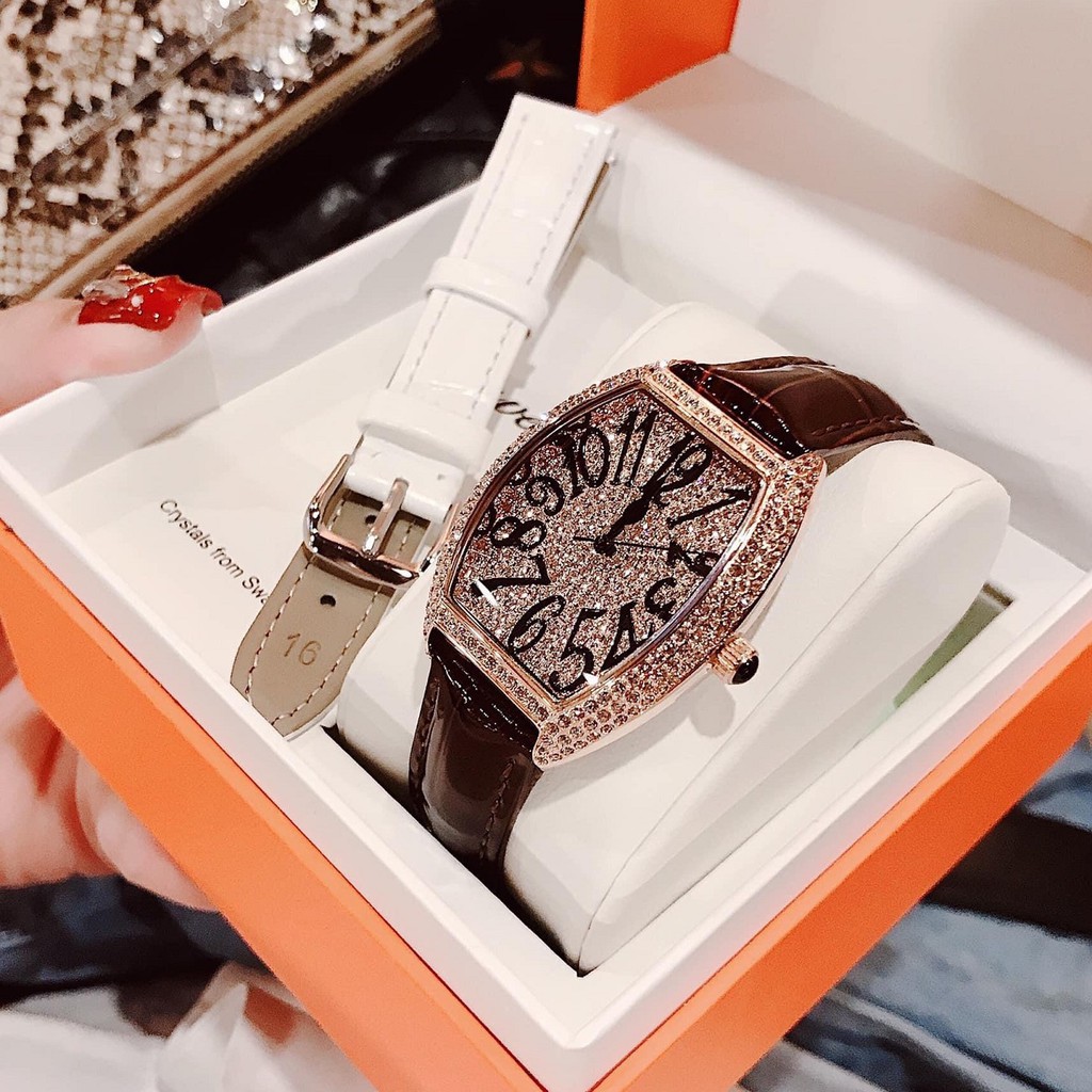 Set Đồng Hồ Nữ Davena 31525 Dây Da Nâu Rose Gold - Kèm Dây Da Trắng Chính Hãng