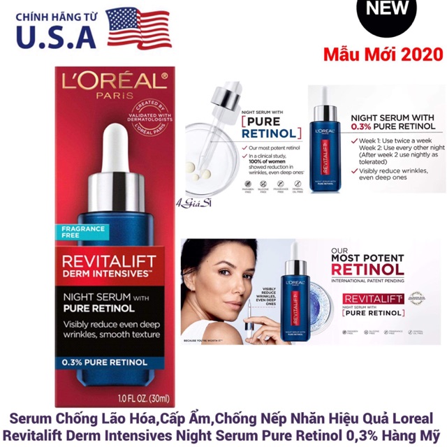 Serum Siêu Cấp Ẩm,Chống Nếp Nhăn Hiệu Quả Loreal Revitalift Derm Intensives Night Serum Pure Retinol