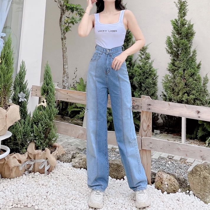 [ VIDEO CHÀ LÀ ] QUẦN JEANS ỐNG RỘNG NỮ LƯNG CAO LOANG MÀU CHỈ PHỐI RÁCH HÔNG MÀU XANH NHẠT CAO CẤP UTI VƯƠN TẦM