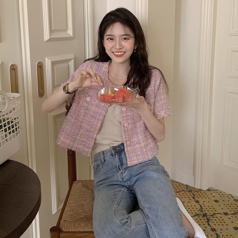 Áo Khoác Vải Tweed Ngắn Tay Thời Trang Retro Thanh Lịch 50773