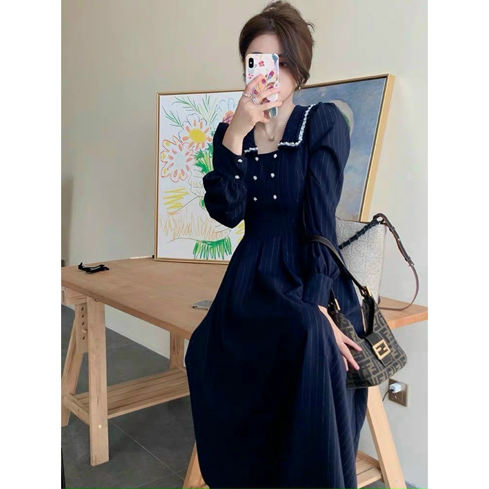 Đầm Ulzzang Midi Sọc Xanh Dương Dáng Dài Tay Cổ U Đính Nút Ngọc