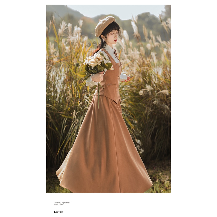 (Hàng có sẵn) Váy retro, áo sơ mi cổ thắt nơ, kèm áo gile kiểu dáng cổ điển, phong cách vintage, kiểu Pháp | BigBuy360 - bigbuy360.vn
