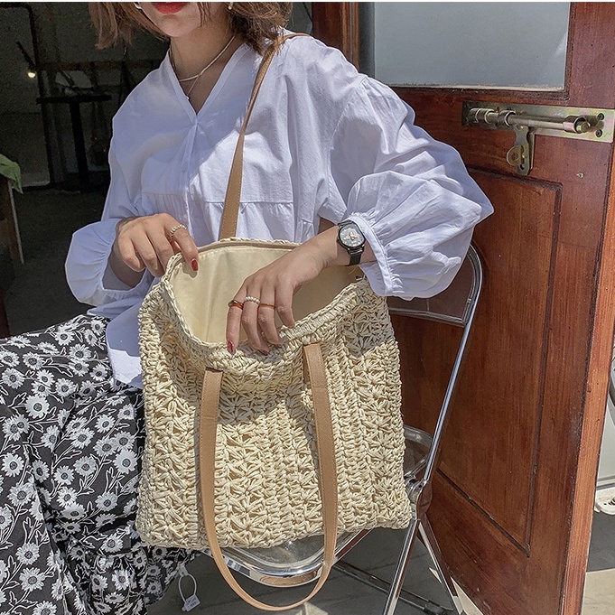 Túi cói vuông đeo vai Tote - dây da - phong cách Vintage