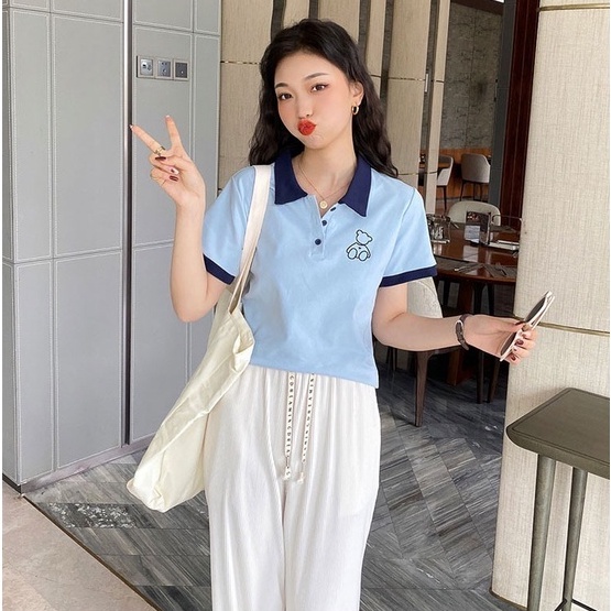 Áo Thun POLO Dệt Kim Tay Ngắn Dáng Rộng Thêu Hình Gấu Dễ Thương