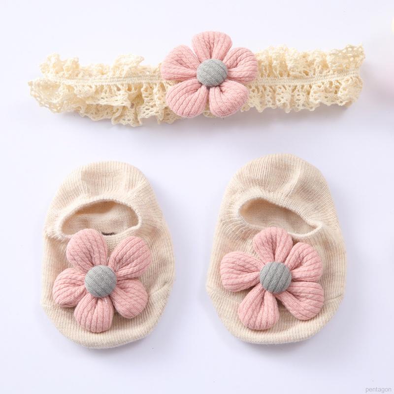 Bộ 2 chiếc vớ cotton cao tới mắt cá chân chống trượt đính hoa + băng đô phối ren xinh xắn thời trang cho bé gái sơ sinh