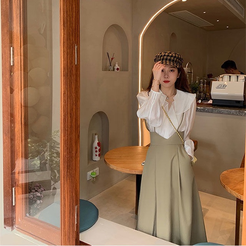 Set áo kiểu và chân váy yếm IELGY thời trang thanh lịch dành cho nữ