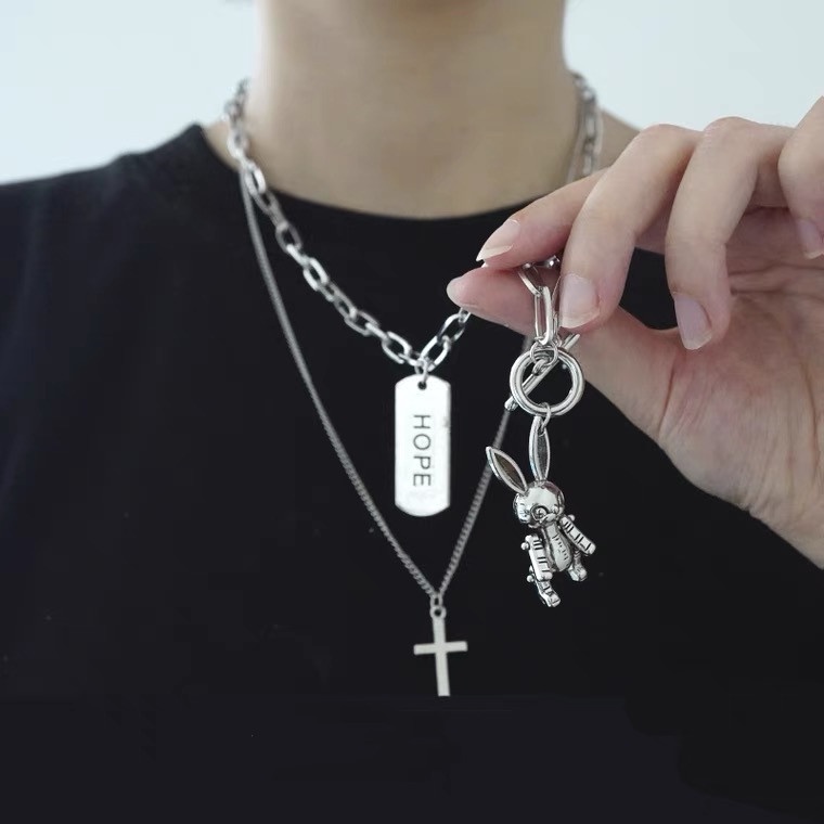 Vòng cổ Hai Lớp Mặt Hình Thỏ Thánh Giá Phong Cách Hip Hop Hàn Quốc Cho Nữ