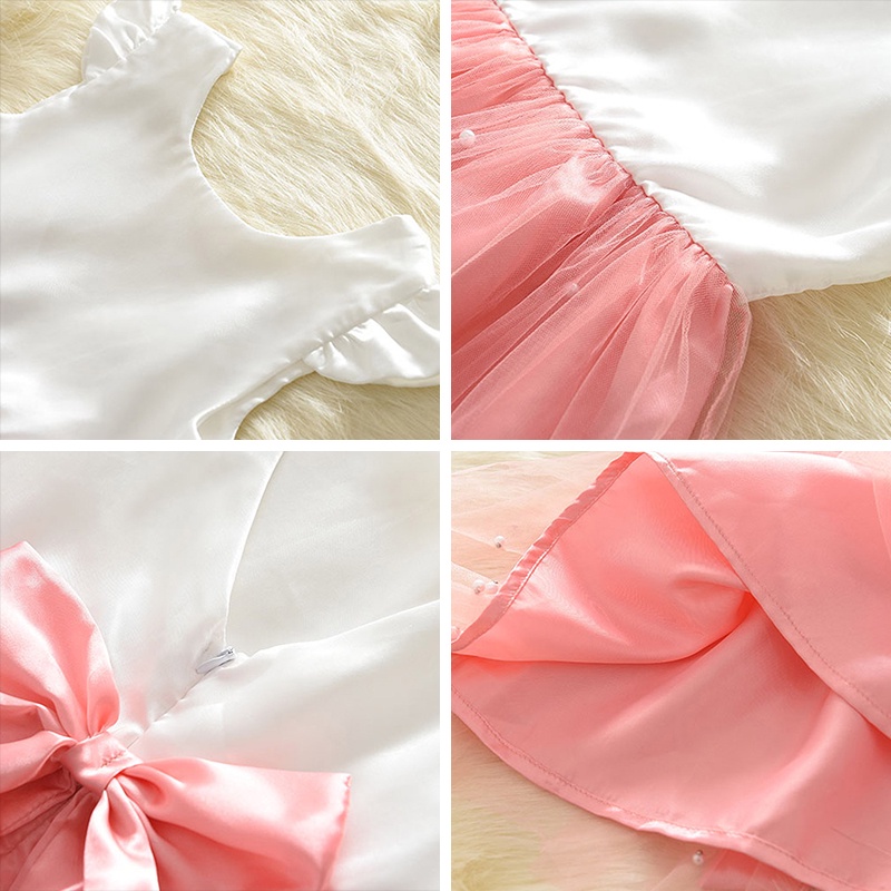 BEAR LEADER Đầm Công Chúa Phối Ren Đính Nơ Màu Trơn Đính Ngọc Trai Thời Trang Mùa Hè Xinh Xắn Cho Bé Gái