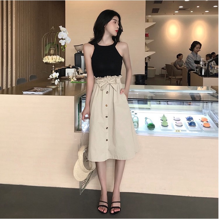 Chân Váy Công Sở Nơ Eo Hàng Cúc Giữa 🦋 Váy Midi Nữ Eo Viền Bèo Dáng Dài Nhiều Màu 🦋