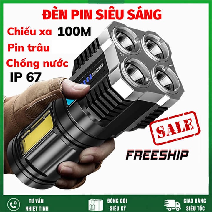 Đèn Pin Siêu Sáng Cầm Tay Chiếu Xa 4 Chế Độ Sáng Tiện Dụng, Có COB Đèn LED, Đèn Pin Mini 4 Bóng