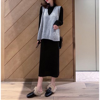 V-neck Knitted Vest + high collar long sleeve one-piece dress