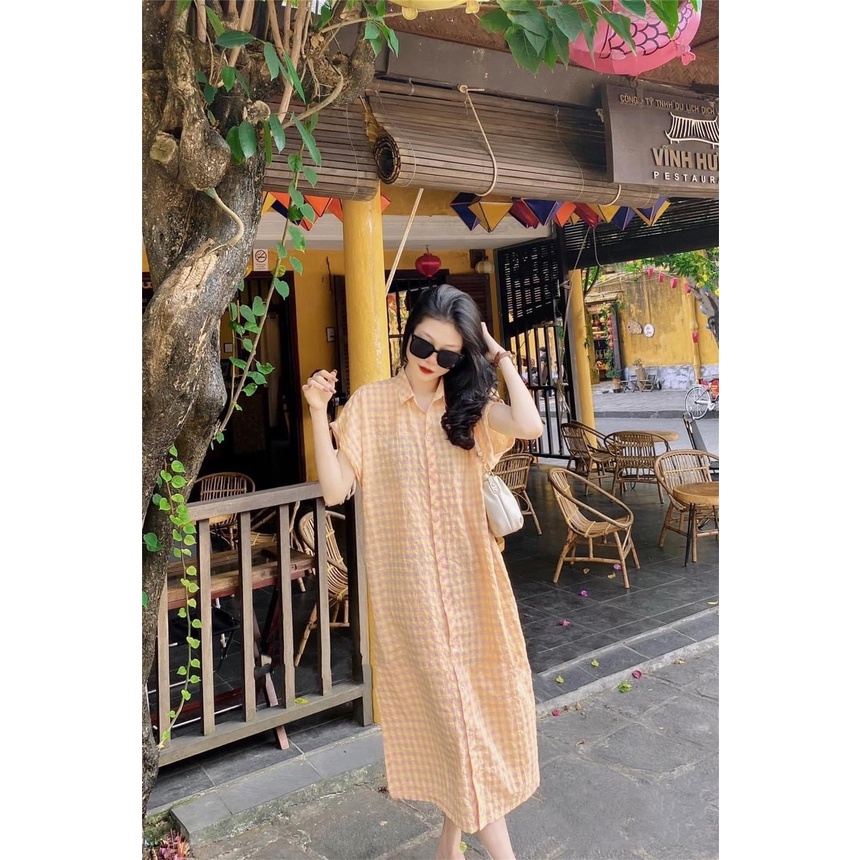 Váy đầm sơ mi YUNA kẻ caro cọc tay  dáng dài cổ đức xẻ tà chất liệu thô hàn siêu thoáng mát_V003
