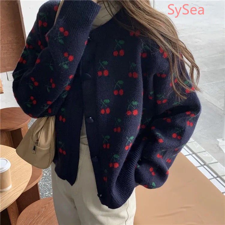 Áo khoác cardigan dệt kim dáng rộng in hình quả cherry thời trang mùa đông xinh xắn cho nữ