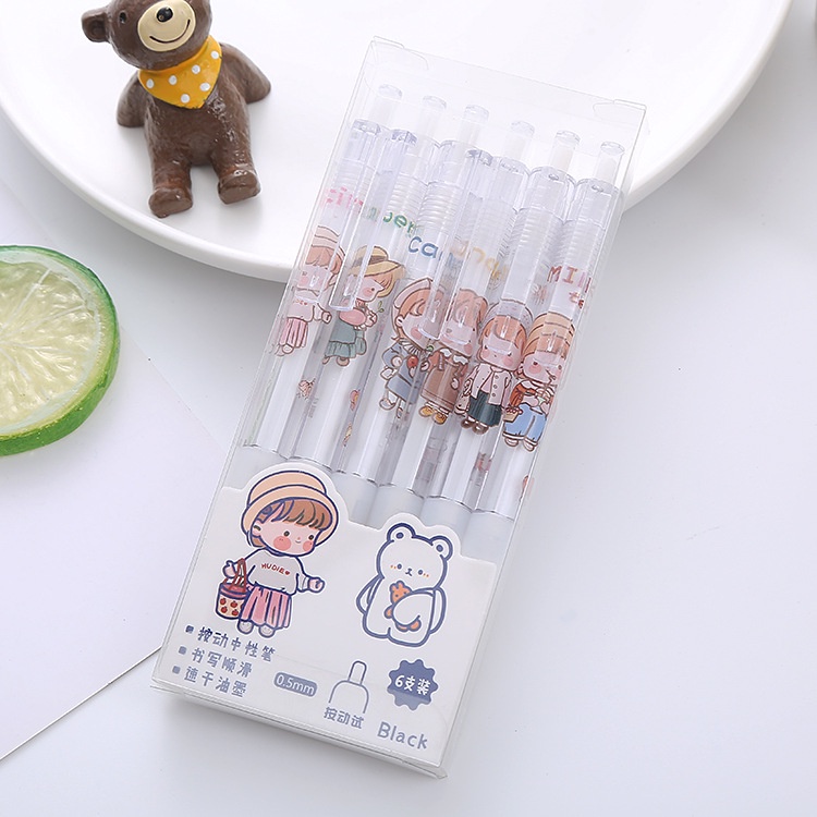 [V0039] Set 6 bút bi bấm mực gel đen hoạt hình nhiều màu sắc dễ thương December08.store